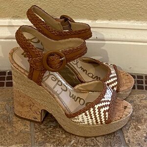 NWOT~SAM EDELMAN Lillie Saddle Leather Cork Rattan Rafia Woven Wedge Heels Sz 7